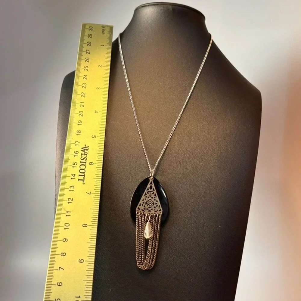 Filigree Tassel Necklace Black Silver Teardrop Goth Whimsygoth Boho Witchy